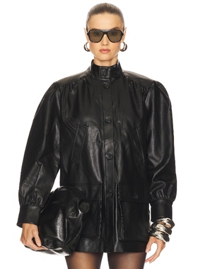 [冬季新品]Bardot 皮夹克外套黑色皮衣复古上衣服廓形外套REVOLVE