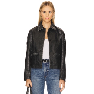 【海外直邮】Free People巴恩风夹克黑色皮衣翻领短款外套REVOLVE