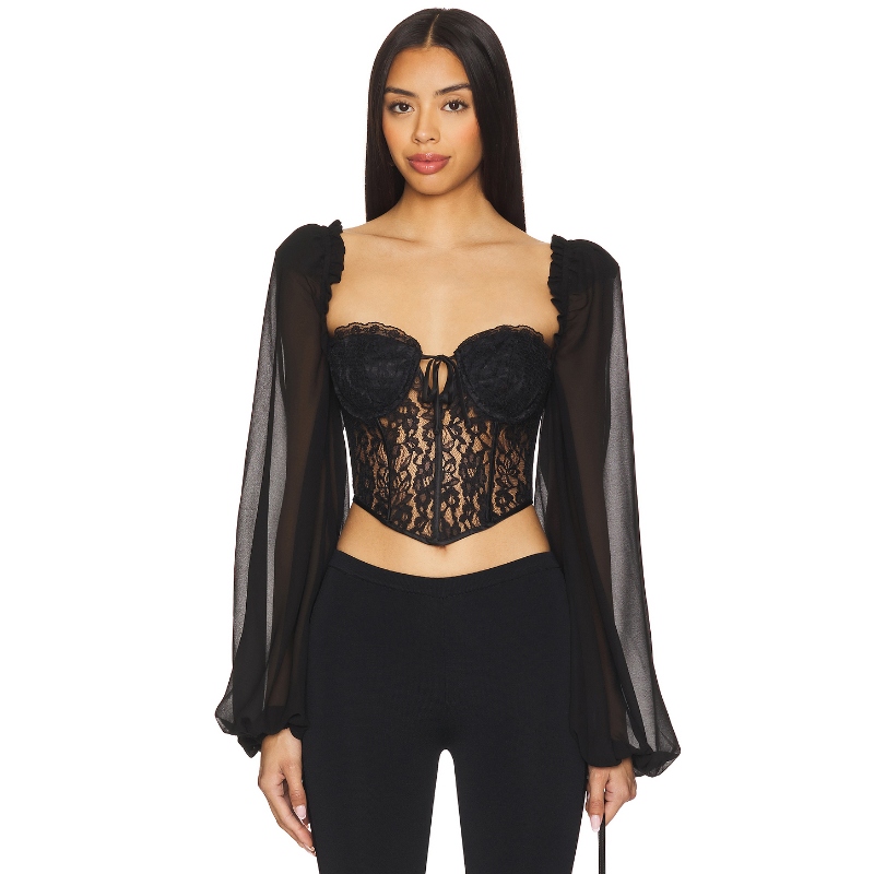 MAJORELLE 灯笼长袖上衣性感辣妹风黑色蕾丝上装REVOLVE小众新款