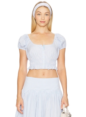 翁青雅Evelyn同款 LPA 蓝色格纹短袖辣妹风短款上衣REVOLVE新款