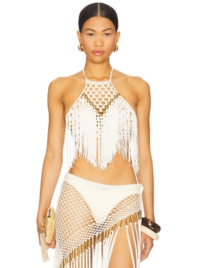 My Beachy Side Aria Hand Crochet Fringe Halter Top 象牙白REV