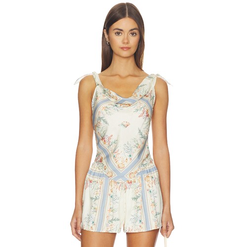 Tularosa米白色上衣印花荡领缎面甜美风新品背心REVOLVE
