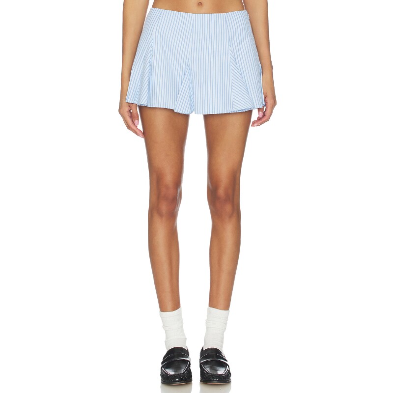 [夏季新品]NIA浅蓝休闲裤条纹百褶甜美短款修身高腰裤装REVOLVE