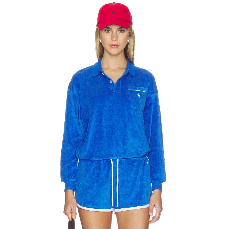 [秋冬新品]Polo Ralph Lauren蓝色T恤翻领丝绒复古上装REVOLVE