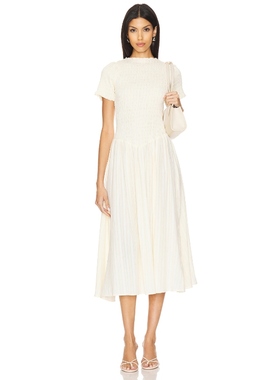 Apres Studio 奶油色简约连衣裙抽褶亚麻长裙REVOLVE