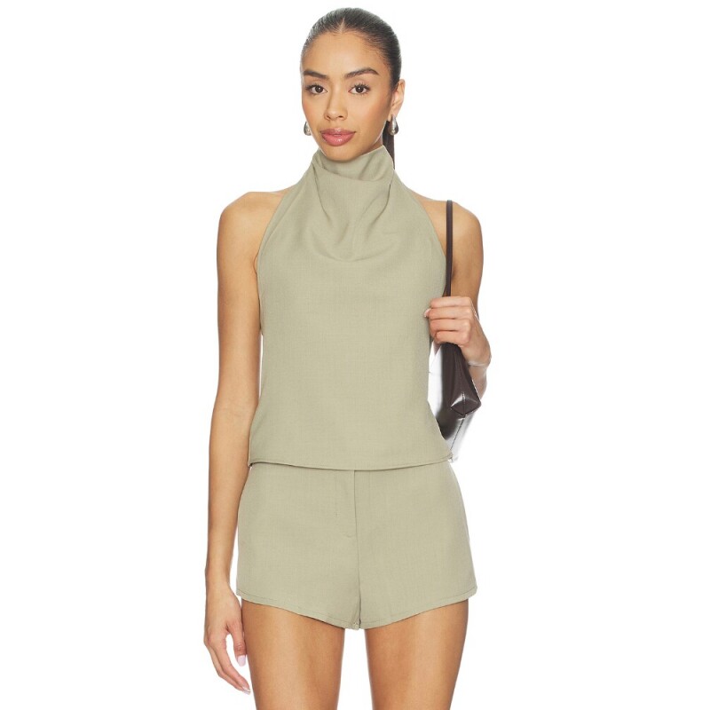 Nakedvice卡其色上装挂脖堆堆领通勤风无袖吊带新品REVOLVE