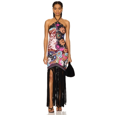 [冬季新品]Agua Bendita 黑色流苏挂脖露背性感连衣裙女REVOLVE