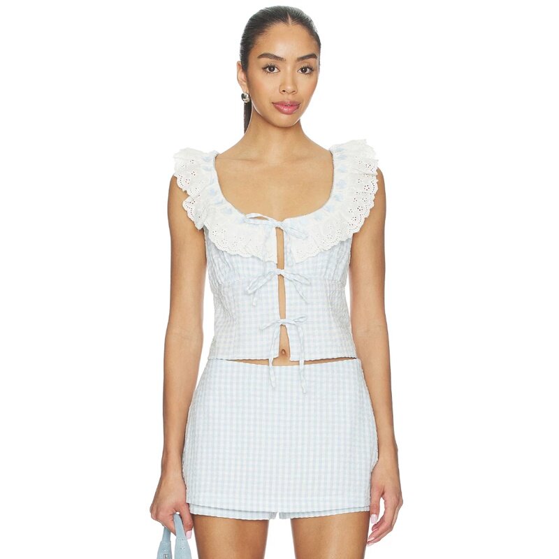 [早秋新品]For Love & Lemons白色背心格纹荷叶边甜美装REVOLVE