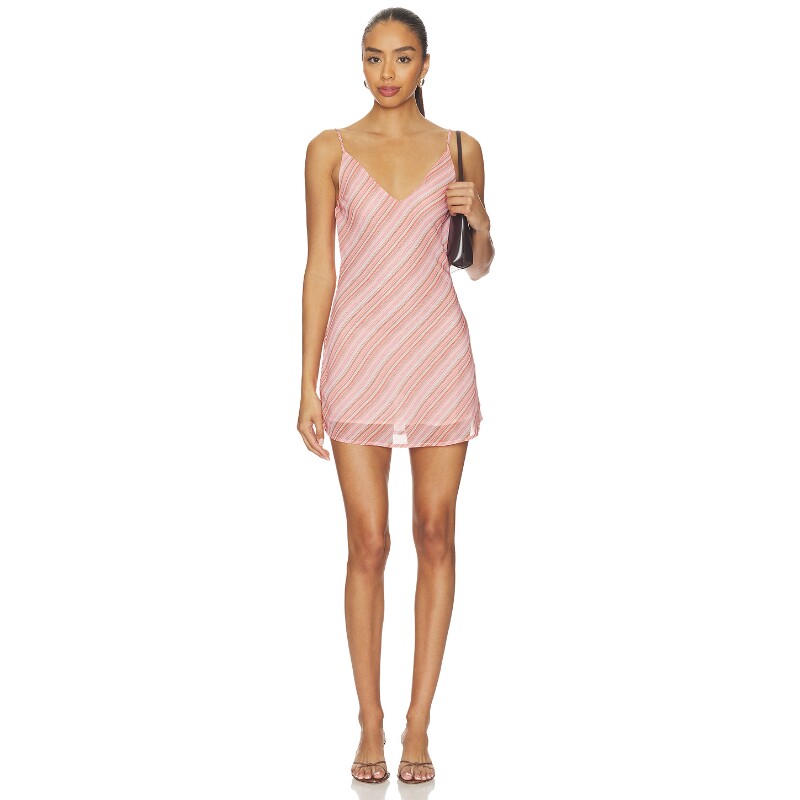 Bella Venice粉色连衣裙条纹深V辣妹风早秋新品抹胸裙REVOLVE