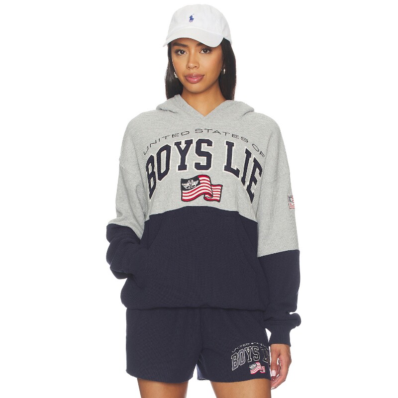Boys Lie灰色卫衣印花连帽国旗图案拼色宽松早秋新品REVOLVE