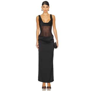 superdown 黑色透视丝绸礼裙吊带拼接性感风长裙REVOLVE小众新款