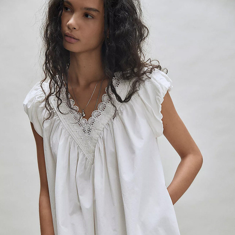Free People 法式复古V领重工蕾丝花边娃娃领连衣裙 revolve