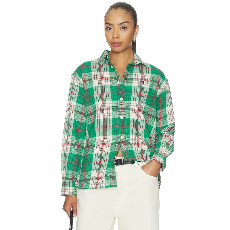 Polo Ralph Lauren绿色上衣格纹翻领通勤风早秋新品衬衫REVOLVE