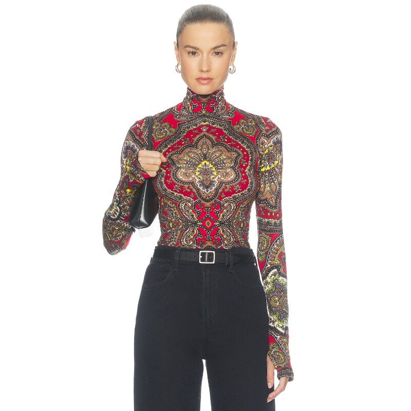 Alice Olivia红色上装佩斯利印花复古风早秋新品T恤REVOLVE