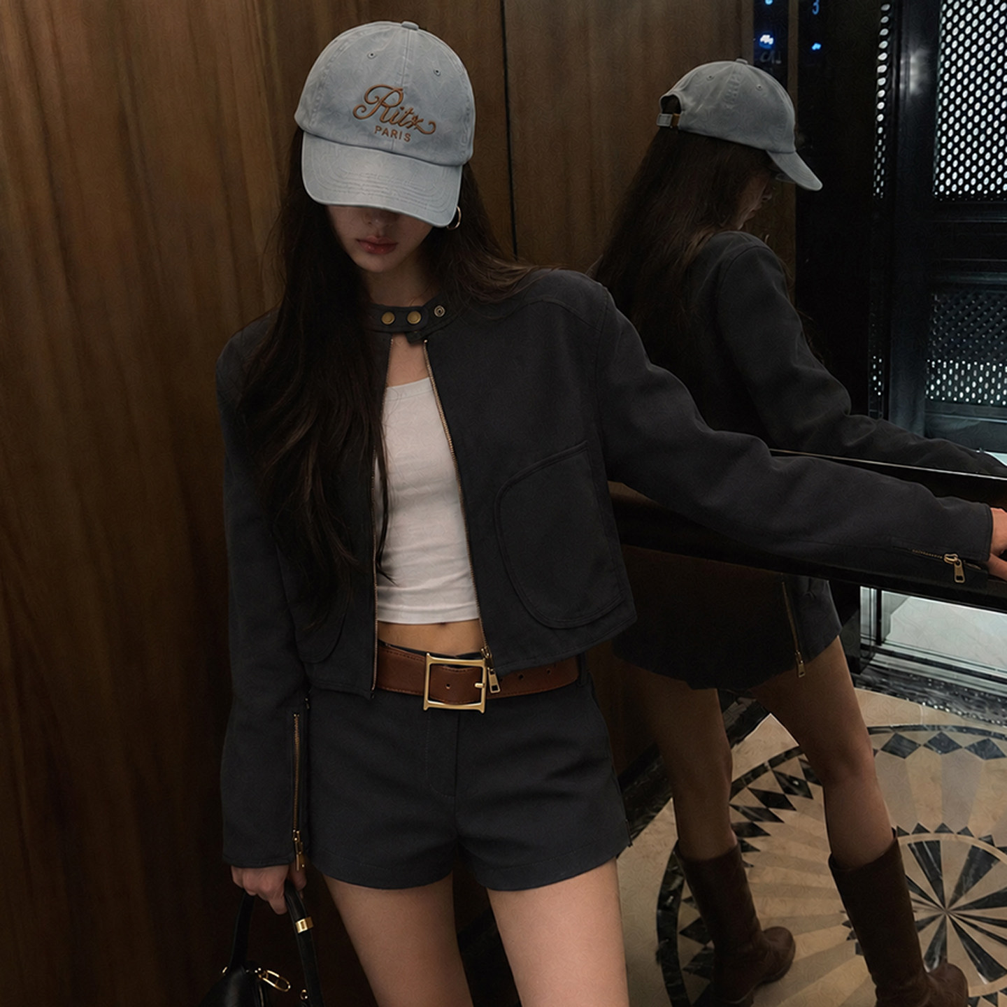 LIONESS 夹克藏青色美式复古休闲丹宁立领保暖外套REVOLVE秋天