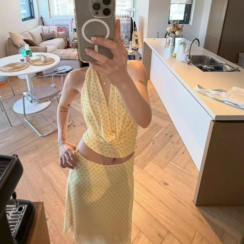 MORE TO COME博主同款米色波点挂脖背心度假半裙套装女REVOLVE图片