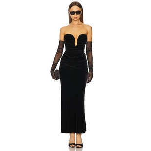 [冬季新品]Bardot 天鹅绒超长连衣裙黑色REVOLVE