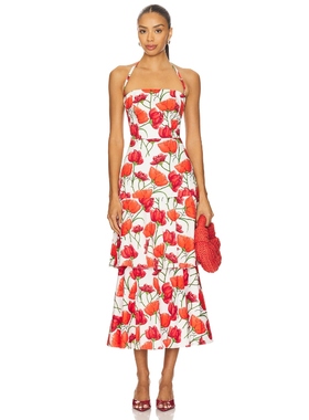 MILLY RED PEONIA 中长款连衣裙 白色REVOLVE小众新款