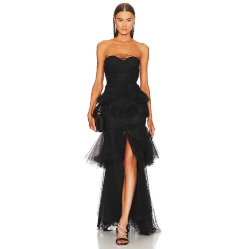 Michael Costello 黑色抹胸连衣裙薄纱长裙REVOLVE新款