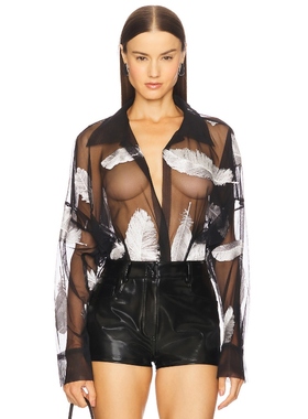 Norma Kamali Boyfriend Neck Shirt Bodysuit 黑色REV