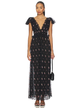 [冬季新品]For Love & Lemons 爱柠檬 POPPY 长裙黑色REVOLVE小众