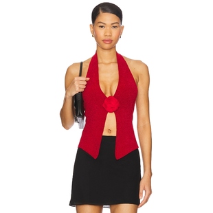 [春节穿搭]With Jean ROSE上装红色性感露背挂脖吊带上衣REVOLVE