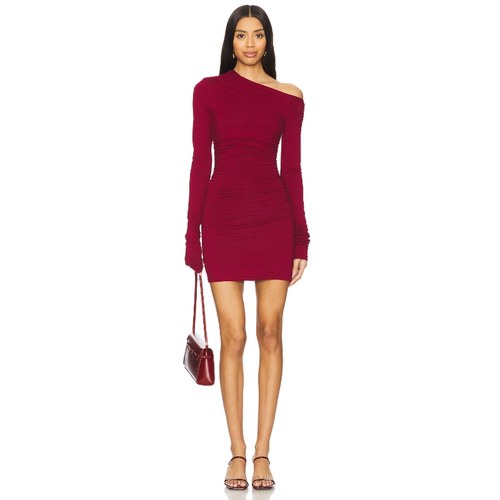 superdown 长袖露肩连衣裙 酒红色美式性感修身短裙REVOLVE新款