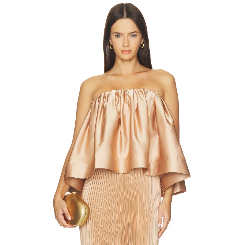 L'IDEE驼色上衣抹胸抽褶荷叶边缎面优雅风秋冬内搭背心REVOLVE
