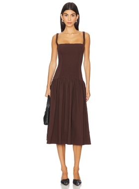 WeWoreWhat SMOCKED DROP 中长款连衣裙 棕色 2辣revolve小众新款