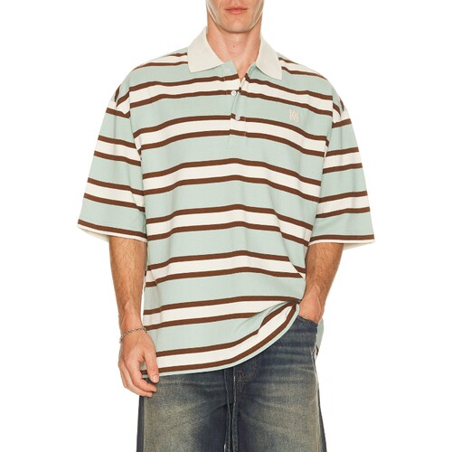 Amiri浅蓝上装条纹翻领纽扣复古风宽松短袖衬衫REVOLVE