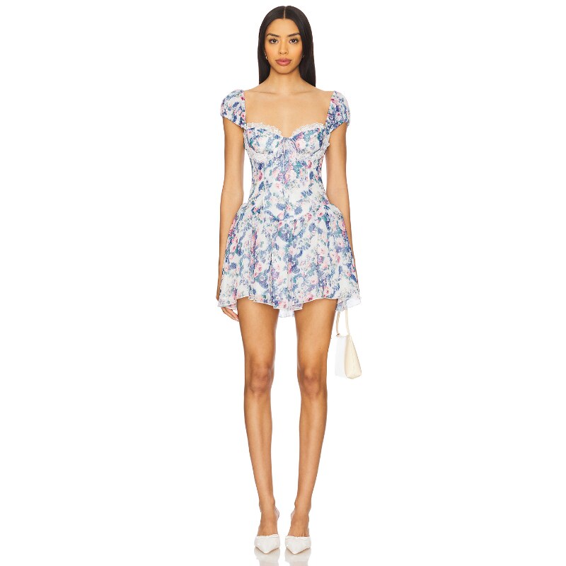 For Love & Lemons AUDREY 花卉迷你连衣裙女夏 蓝色REVOLVE新款