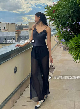 [冬季新品]丝质阔腿裤静奢风薄纱裤子Helsa风黑色长裤REVOLVE小众