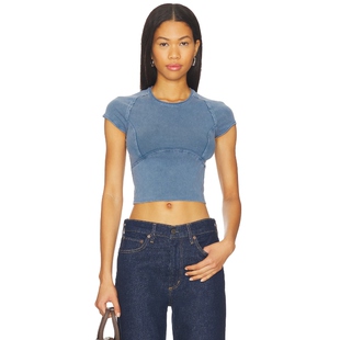 People复古蓝短款 Free 新品 T恤弧形分割线露脐上衣REVOLVE 春季