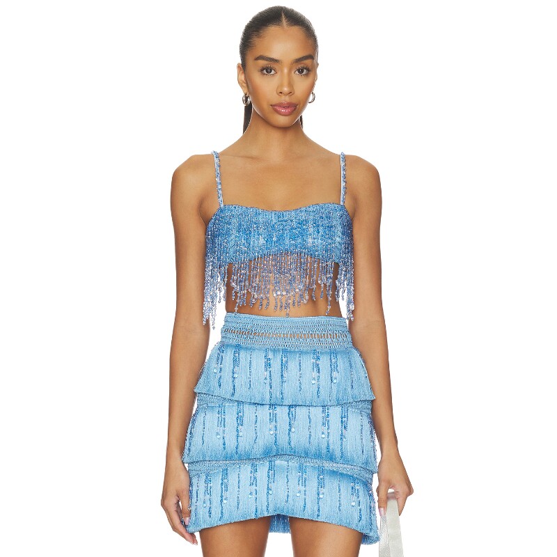 PatBO浅蓝上衣流苏辣妹风秋冬新品短款修身无袖背心REVOLVE