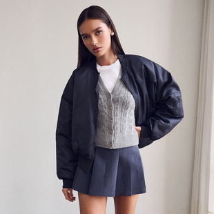 LIONESS 飞行员夹克暗蓝灰色复古风棒球服外套REVOLVE小众新款