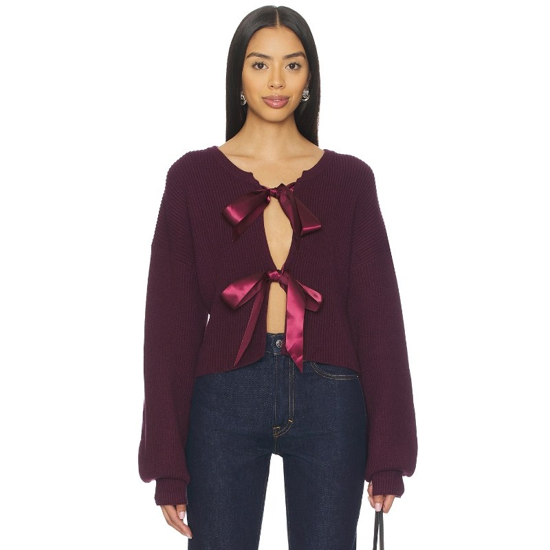 MORE TO COME蝴蝶结针织开衫紫色系带毛衣外套REVOLVE小众春季