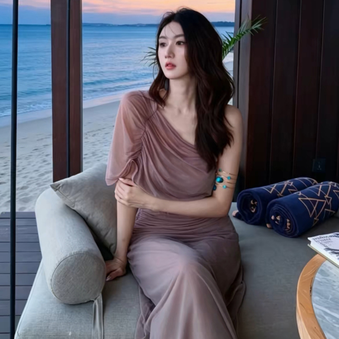 走向世界的彭美丽同款LPA裸粉色斜肩露腰网纱露腰连衣裙REVOLVE
