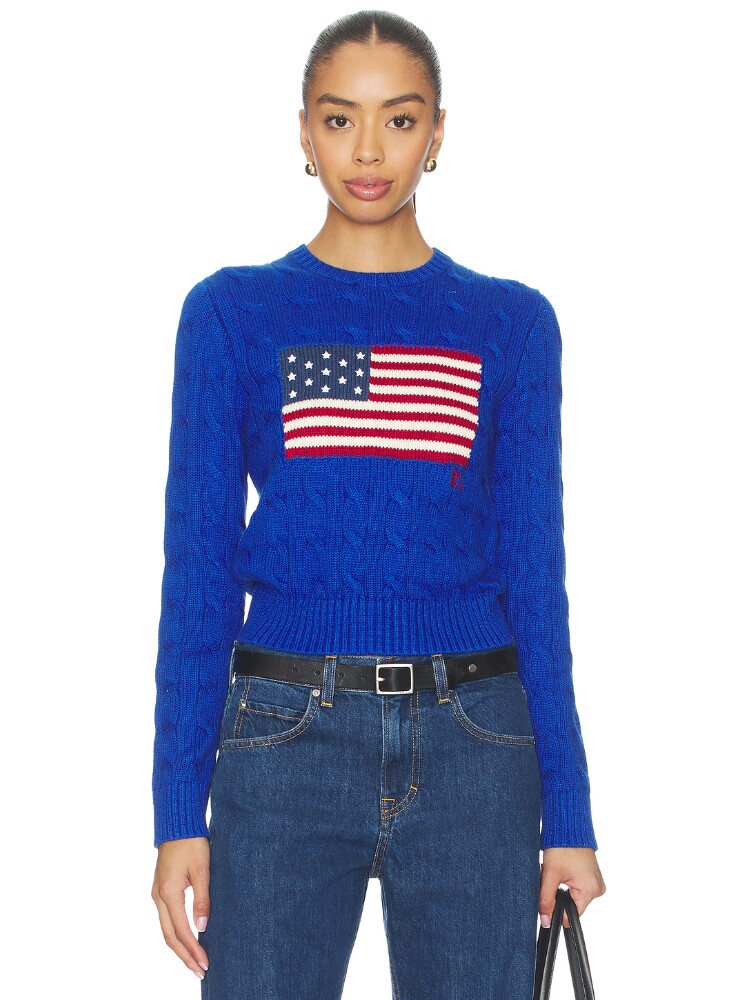 Polo Ralph Lauren蓝色早秋上装印花圆领通勤风毛衣REVOLVE
