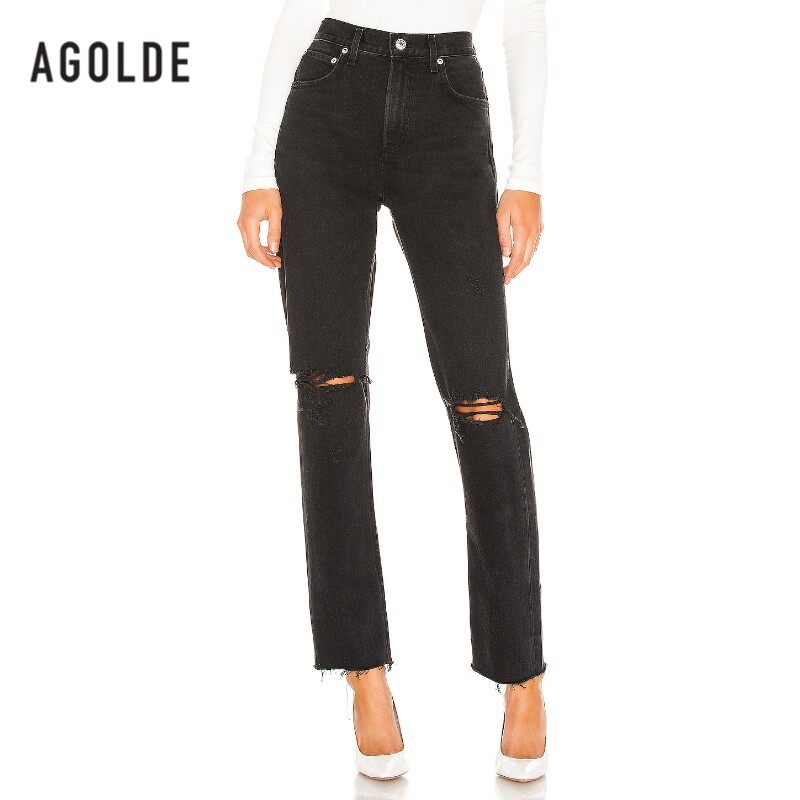 [早秋新品] AGOLDE直筒长裤做旧破洞裤女士休闲复古牛仔裤REVOLVE