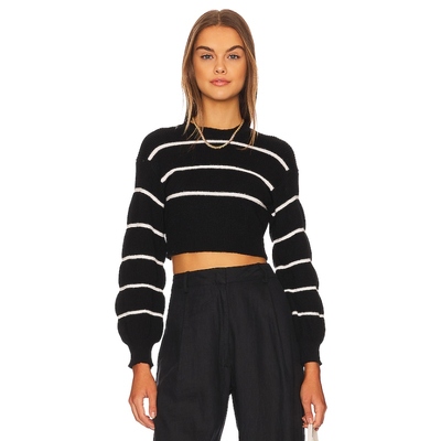 [冬季新品]superdown横条纹泡泡袖针织衫复古短款上衣REVOLVE