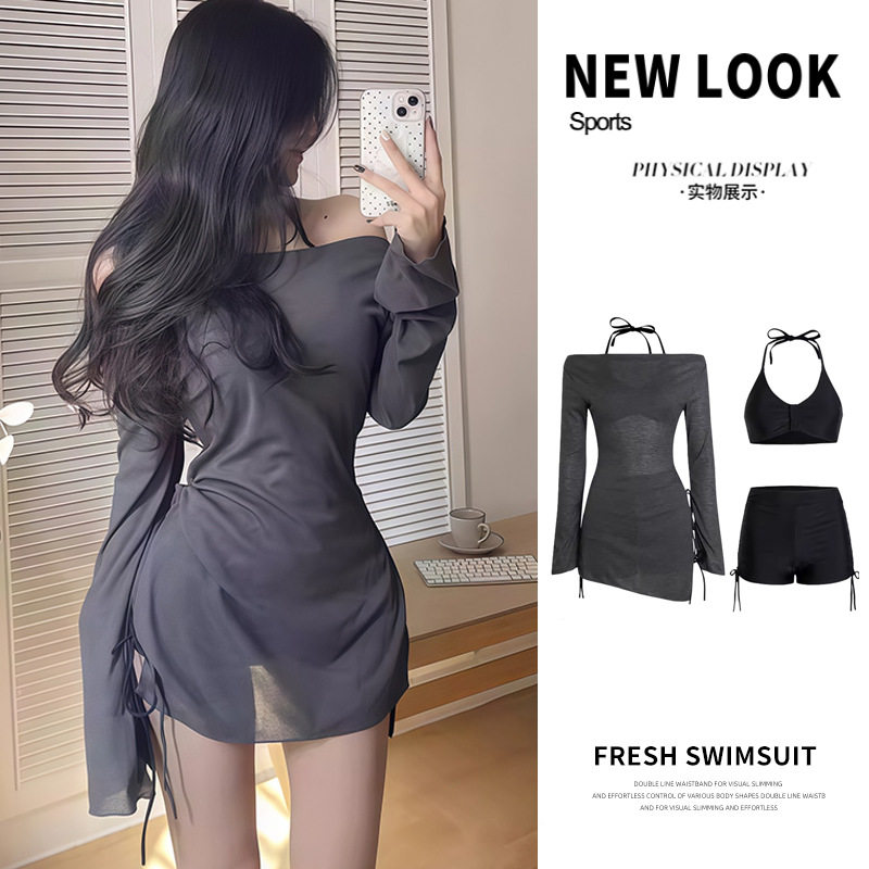 泳衣女分体一字肩比基尼显瘦性感小胸聚拢2026新款泡温泉长袖罩衫