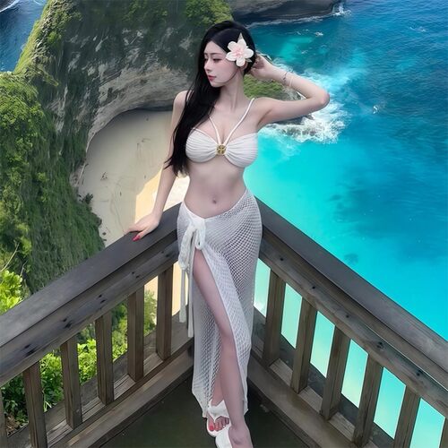 白色纯欲比基尼三件套女金属扣抹胸泳衣网纱罩裙海边度假游泳装