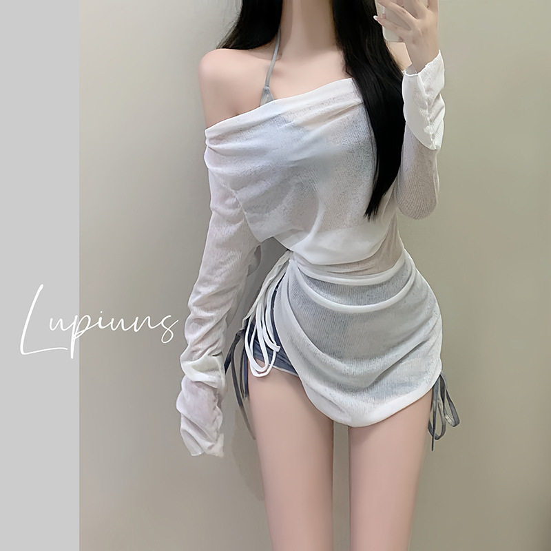 温泉泳衣女度假美式扎染蓝色三点式运动分体平角比基尼罩衫三件套