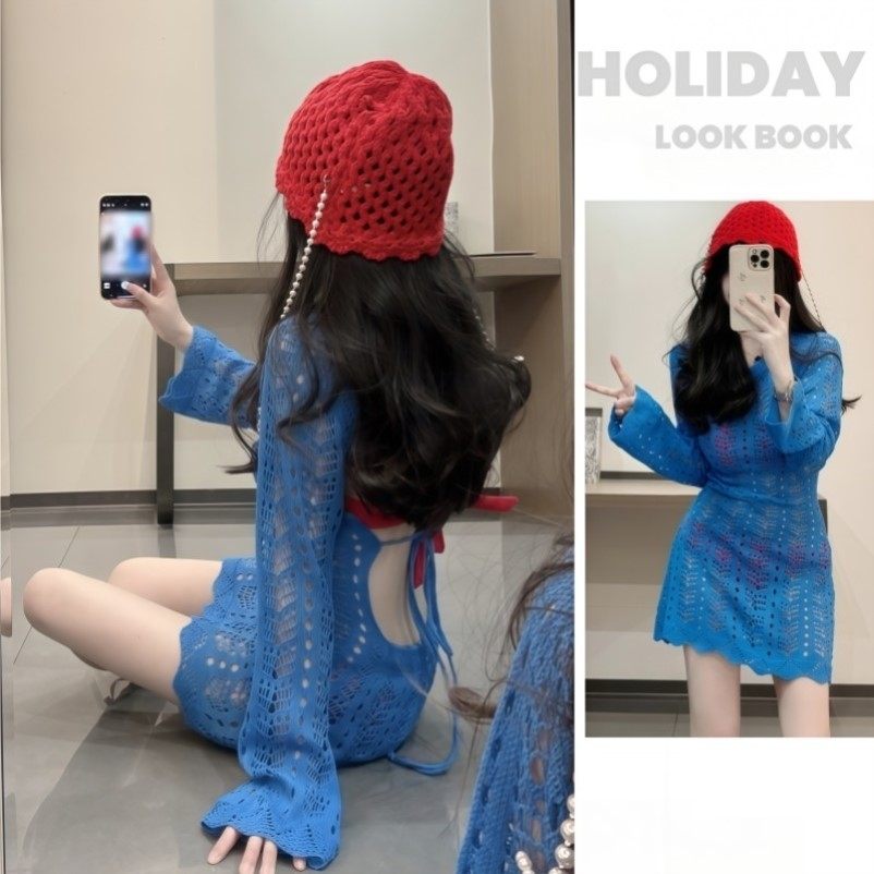 克莱因蓝针织罩衫泳衣女分体辣妹露背绑带温泉度假游泳三件套泳装