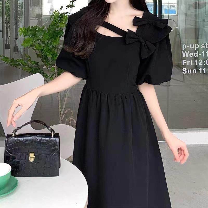 HZA法式赫风胖泡泡袖连衣裙夏女季大码妹妹收腰显瘦黑色减龄长本