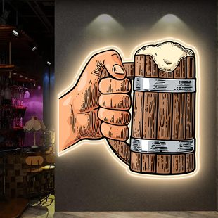 美式复古风酒吧墙面装饰画清吧酒馆烧烤店啤酒广告牌发光灯挂画