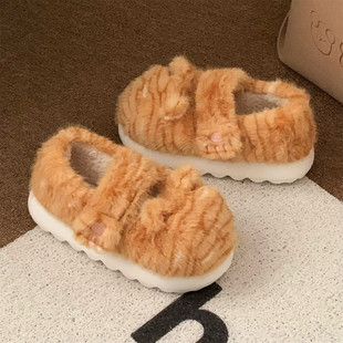 女冬 厚底可爱橘猫纹外穿魔术贴毛毛鞋 防滑软萌猫耳豆豆鞋 保暖棉鞋