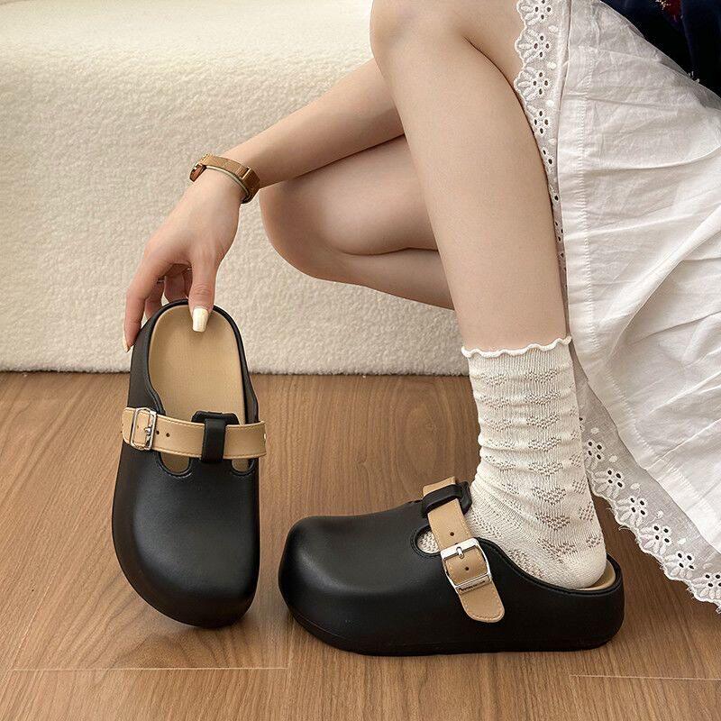 黑色高级感包头半拖鞋女外穿2026春夏新款洞洞凉鞋厚底勃肯凉拖鞋