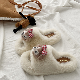 可爱达菲熊厚底毛毛鞋女士2026新款秋冬外穿增高保暖高级感棉拖鞋
