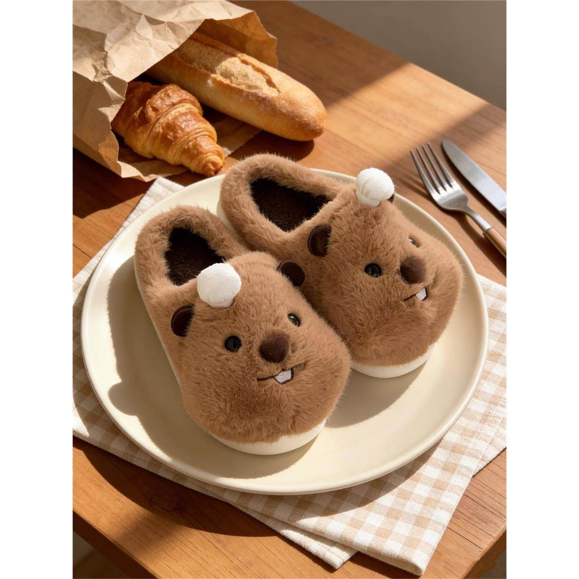 毛绒绒可爱厨师帽土拨鼠男女ins情侣防滑棉拖鞋休闲学生冬家居鞋